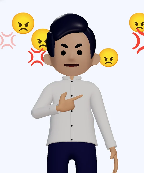 Kuya Juan with lowered brows pointing to himself, angry emoji around his head.