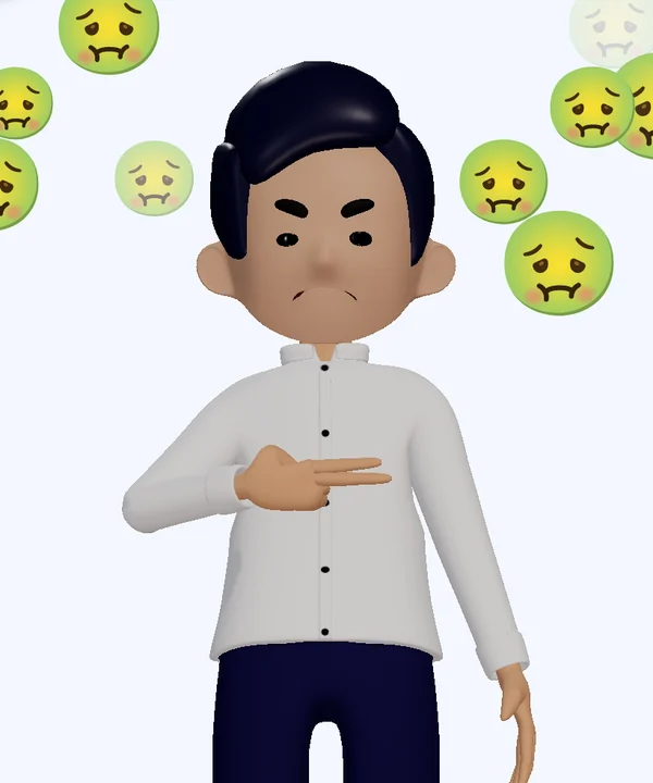 Kuya Juan grimacing, sick green emoji around him.