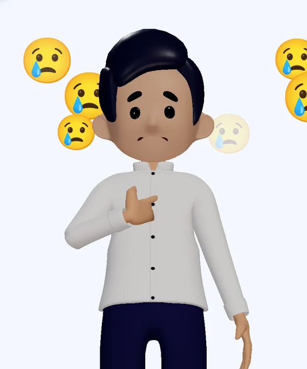 Kuya Juan frowning and pointing to himself, crying emoji around his head.
