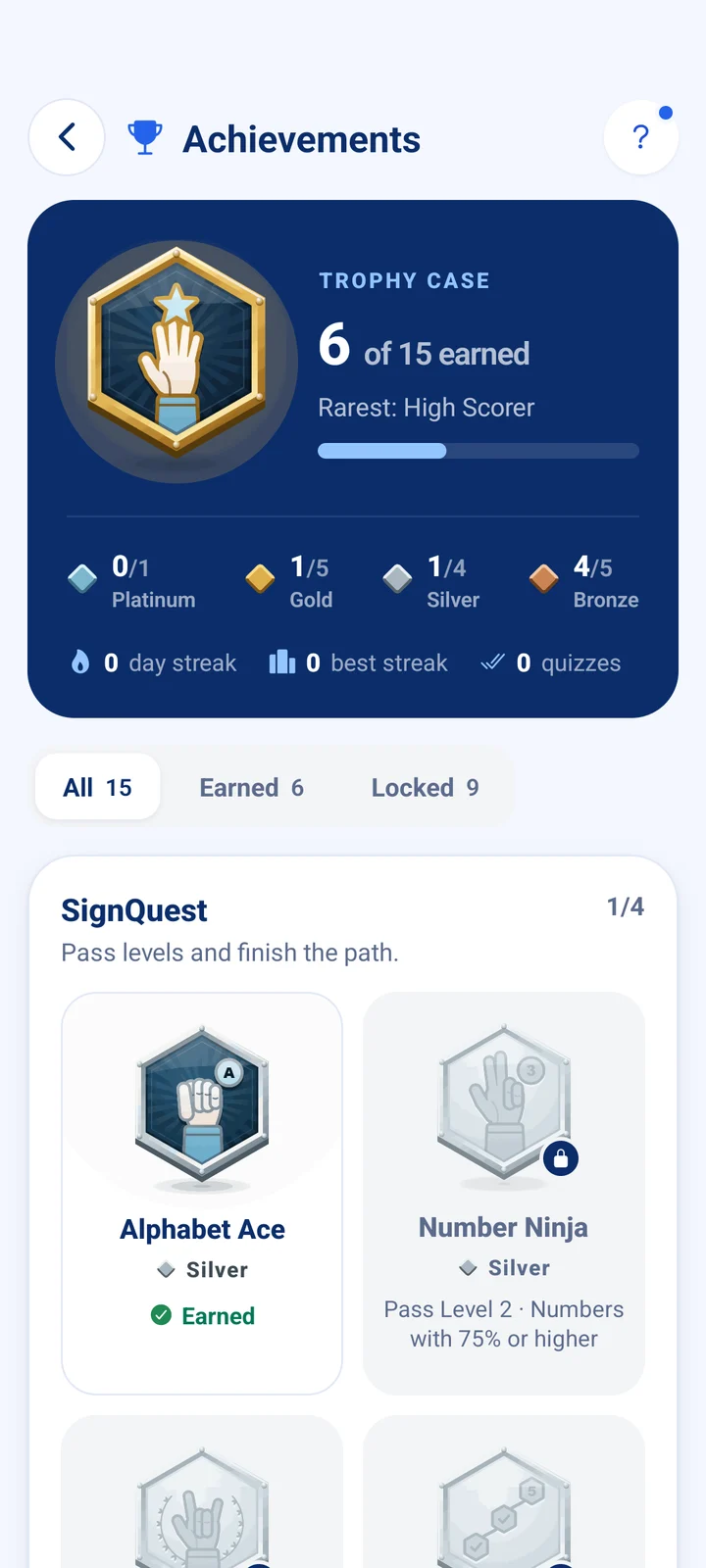 Achievements: a trophy case with 6 of 15 earned, platinum, gold, silver and bronze counts, and SignQuest badges like Alphabet Ace.