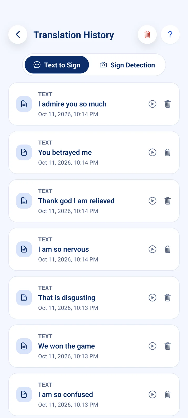 Translation History: a list of typed sentences with the time, a replay button and a delete button for each.