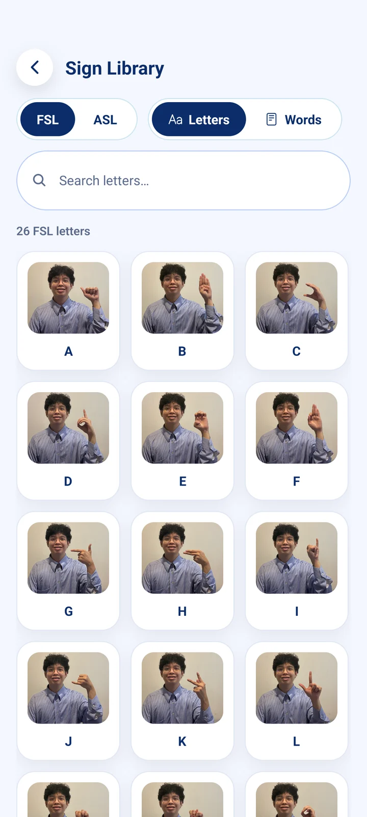 The Sign Library on the phone: FSL and ASL tabs, letters and words, and a grid of letter photos.