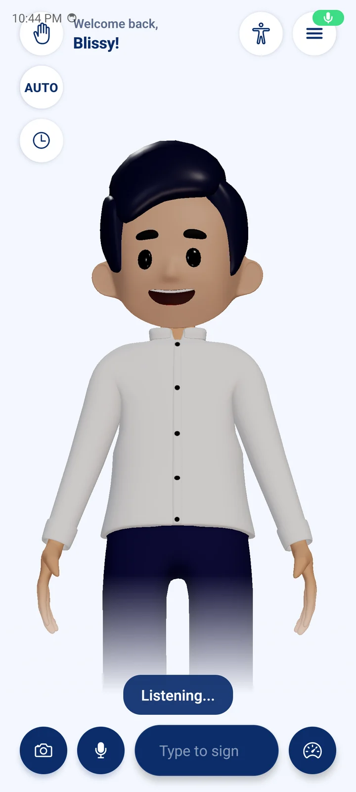 Kuya Juan on the home screen with a Listening badge while the microphone is on.