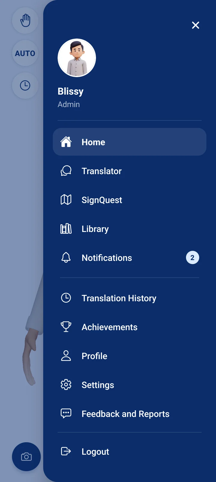 The phone menu: Home, Translator, SignQuest, Library, Notifications, Translation History, Achievements, Profile, Settings, Feedback and Reports.