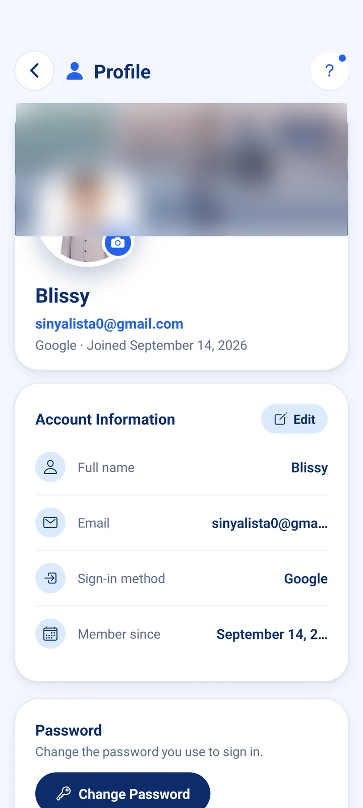 The Profile screen on the phone: avatar photo, name, email, Google sign-in and join date, with account information below. The cover picture is blurred.