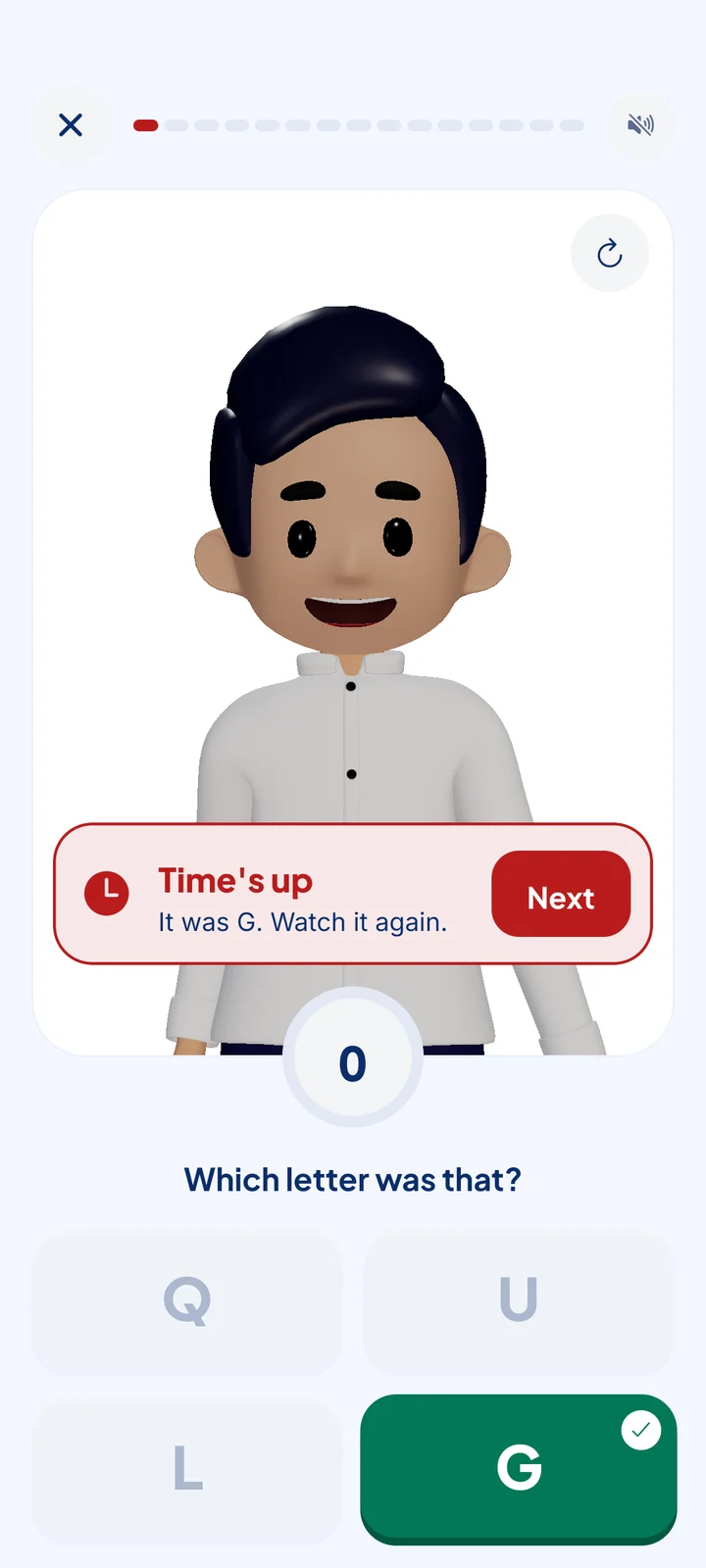 A SignQuest question: Kuya Juan signed a letter, time is up, and the right answer G is shown in green.