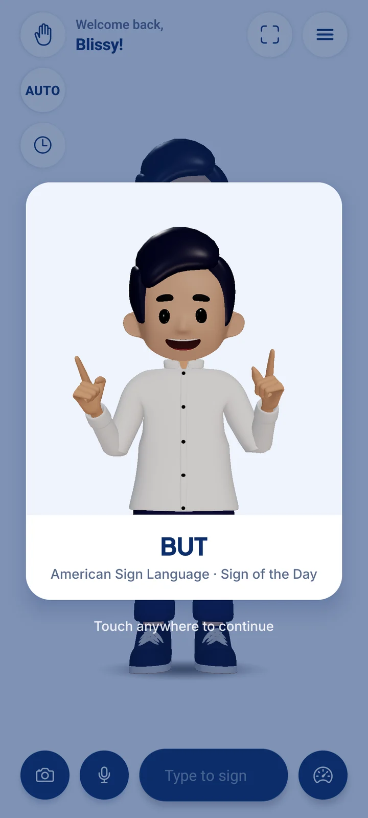 Sign of the Day card on the phone: BUT, American Sign Language, with Kuya Juan ready to sign it.