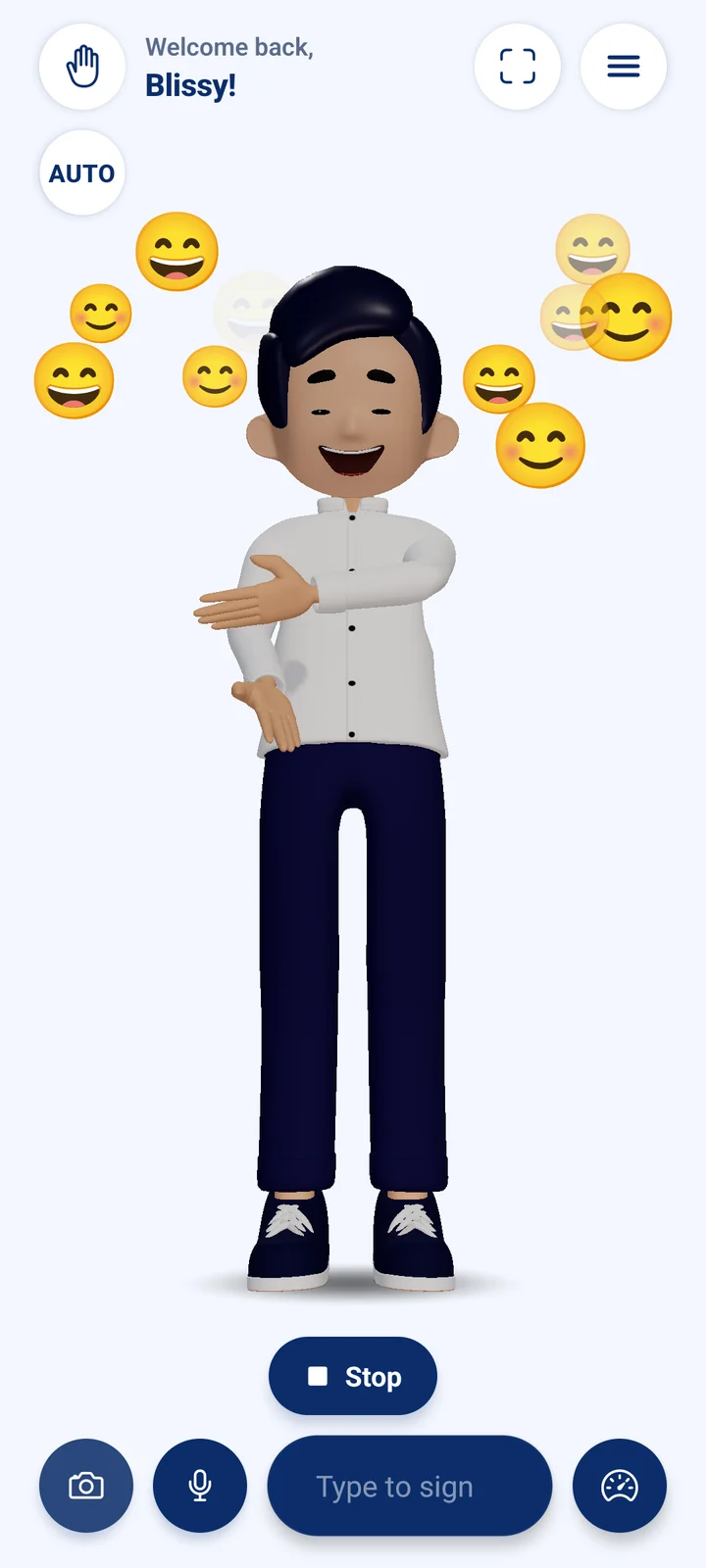 The Sinyalista Android app: Kuya Juan signing Good morning with a happy face and smiling emoji around him.