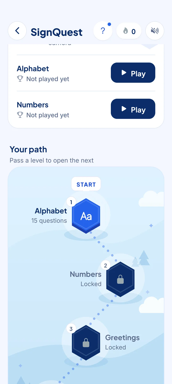 SignQuest path: Alphabet unlocked as level 1, then Numbers and Greetings locked.