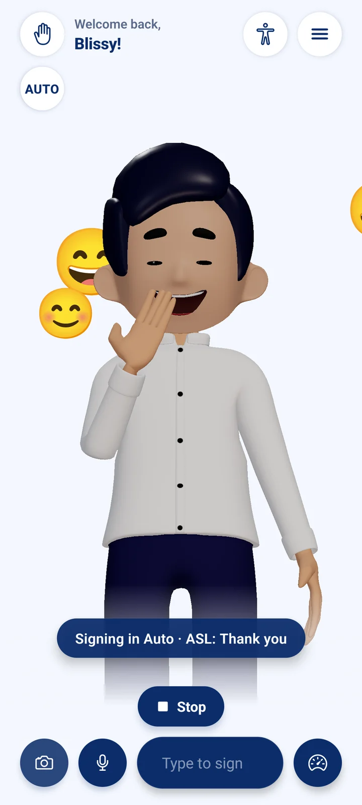 Zoomed in on Kuya Juan's upper body while he signs Thank you in ASL, with smiling emoji.