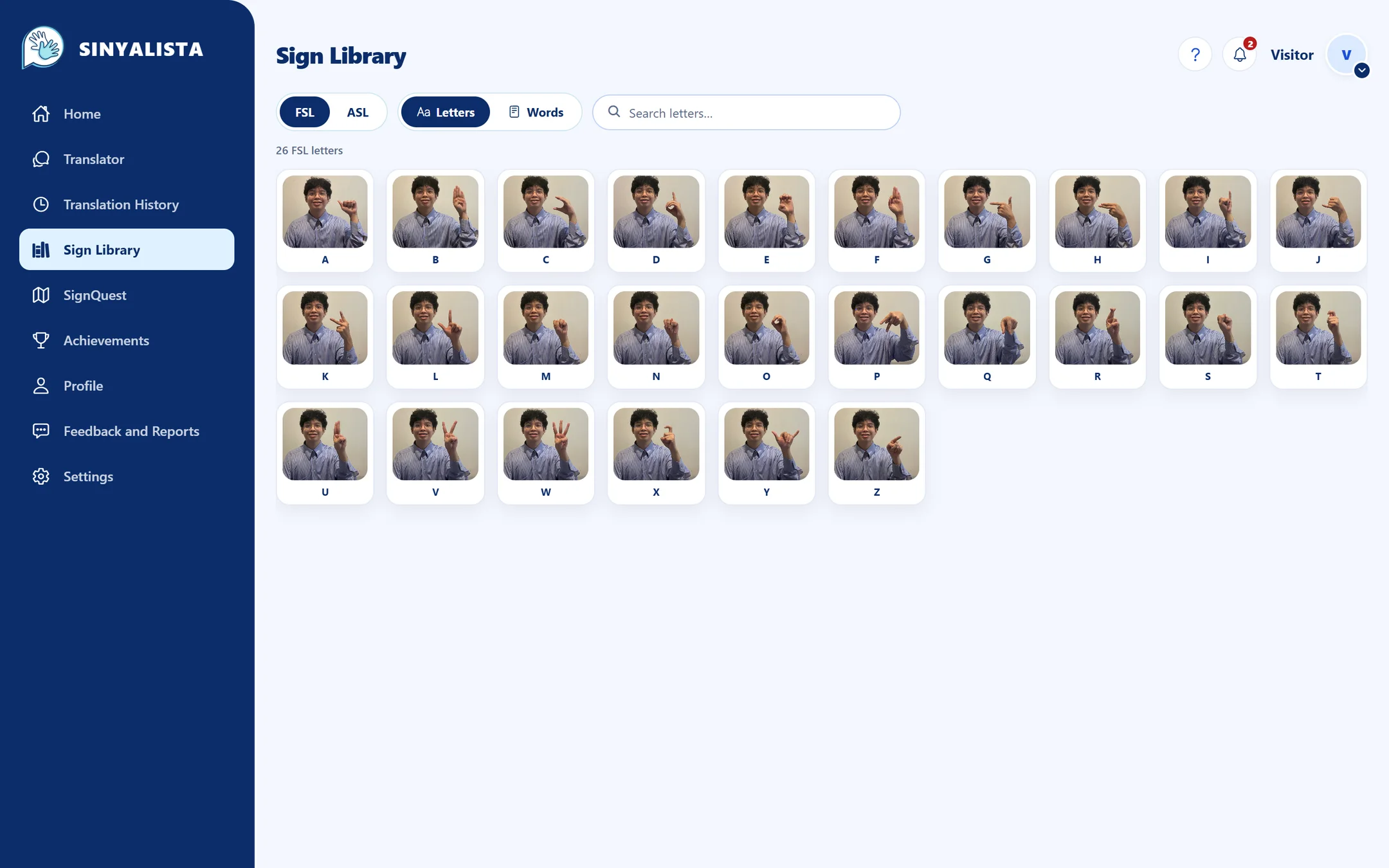 The Sign Library on the Sinyalista website showing the 26 FSL letters as photos of a person signing each one.