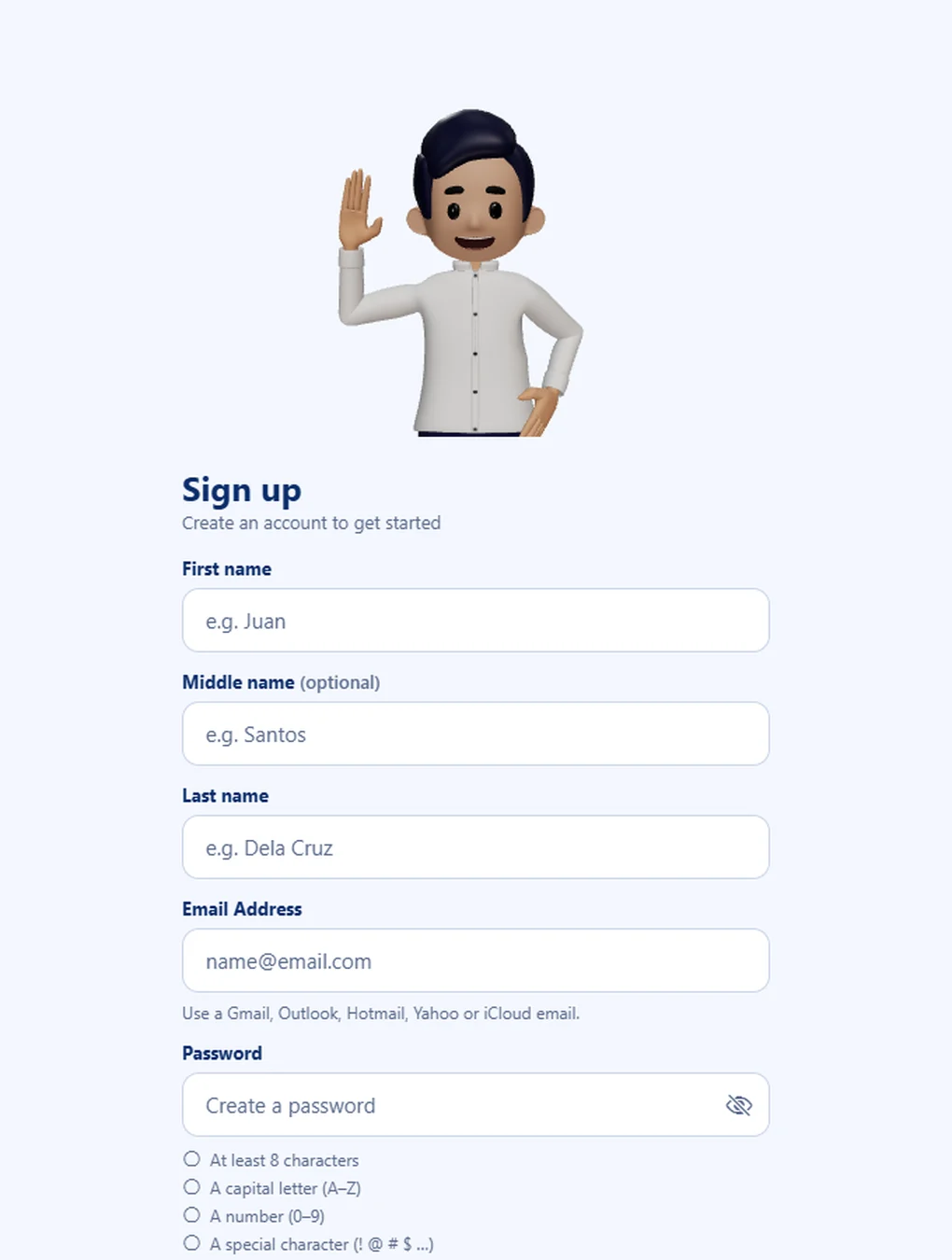 The Sinyalista sign-up page on the website: Kuya Juan waving above a form for first, middle and last name, email and password.